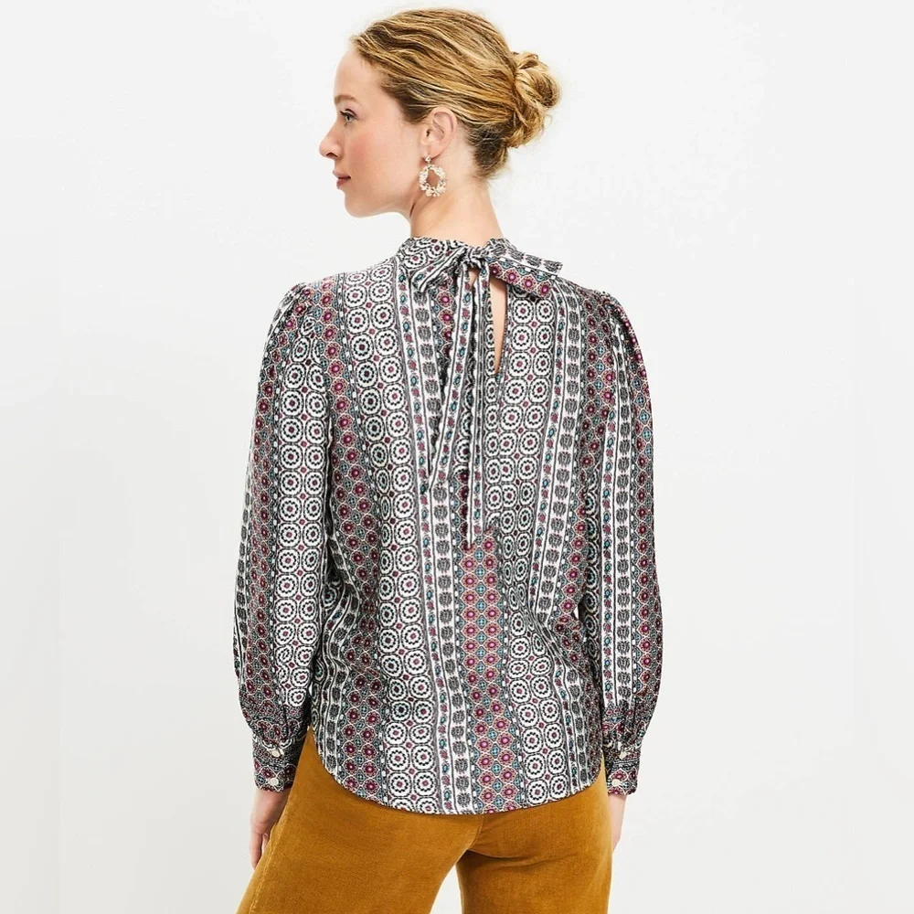 Loft Womens Tied Tie Front V Neck Long Sleeve Blouse Multicolor Size XL NEW